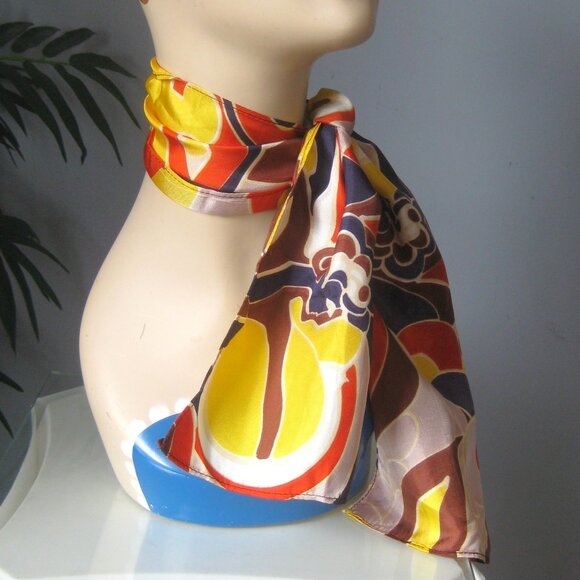 Vintage Scarf Psychedelic Oblong Abstract fish pring Scarf Yellow Browns - Picture 1 of 4
